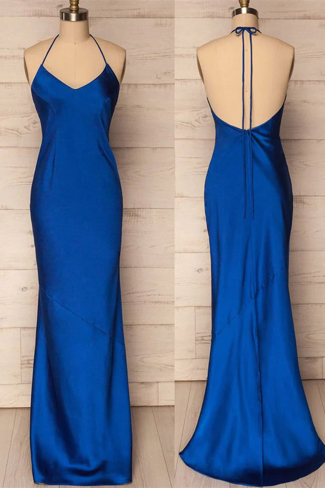 Vestidos formales/Vestidos de fiesta largos de satén azul real con cuello halter de sirena/Tiendas de vestidos de fiesta